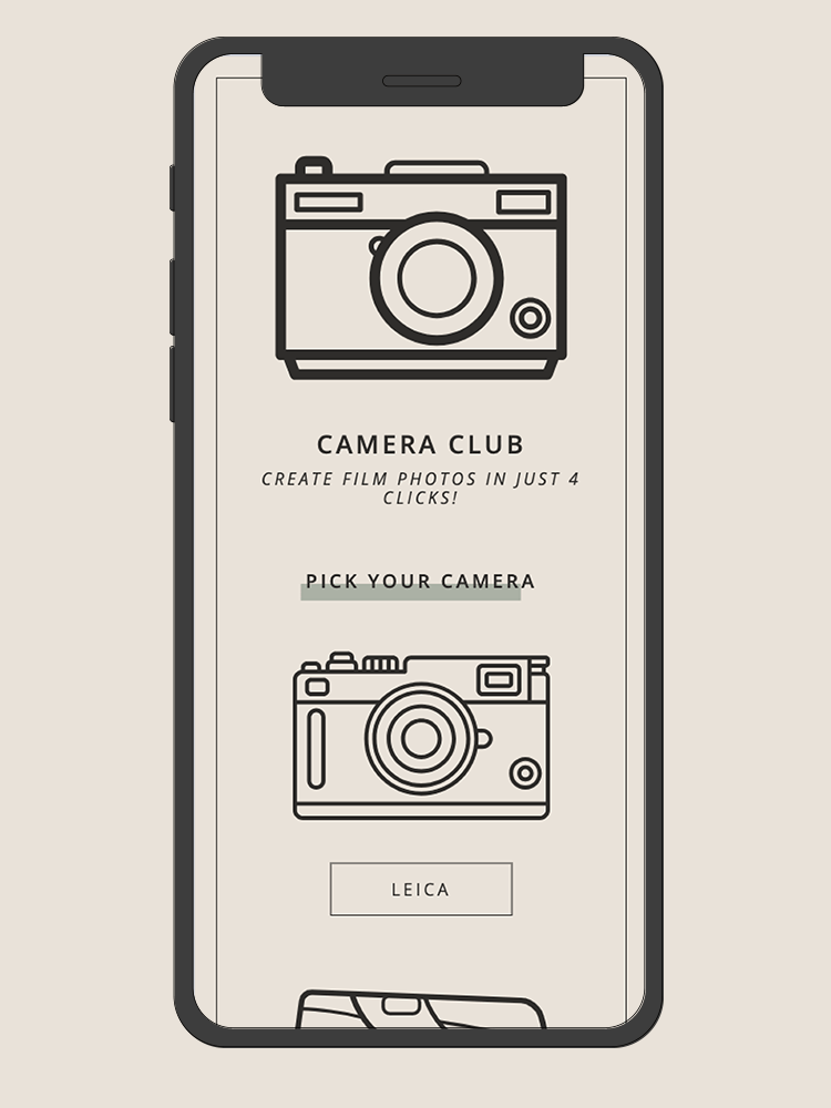 A digital mockup of the application Camera Club displayed on a mobile device.