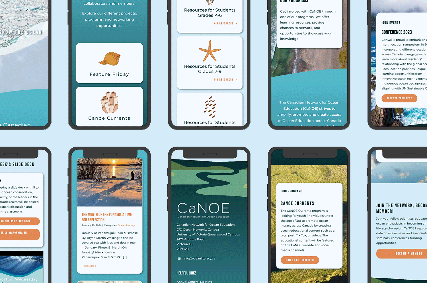 A mockup displayig different sections of the CaNOE website on a mobile screen.