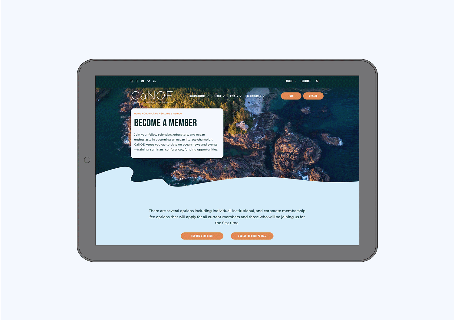 A mockup of the CaNOE website on a tablet device showing that it is responsive,