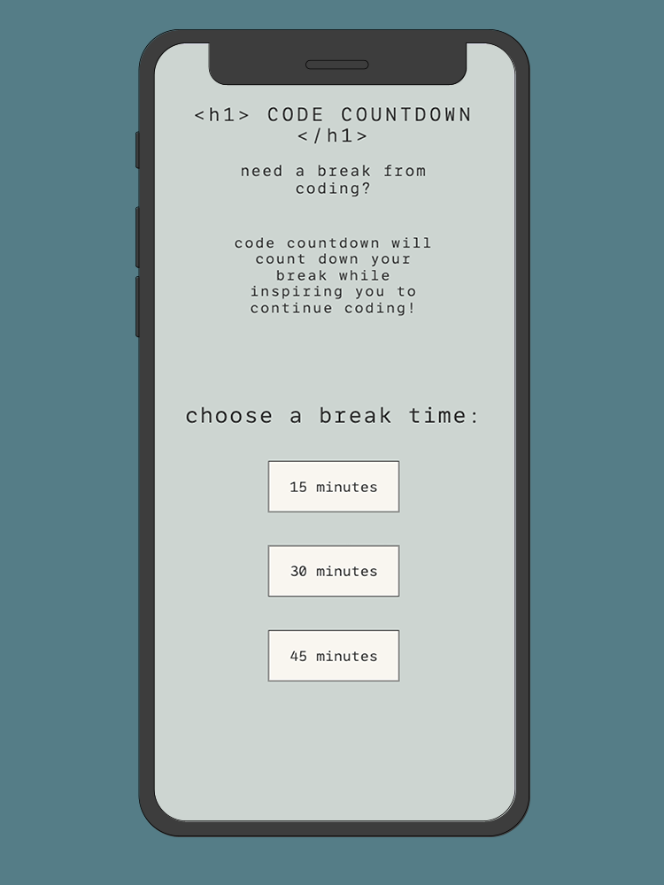 A mockup of the Code Countdown application on a mobile device.