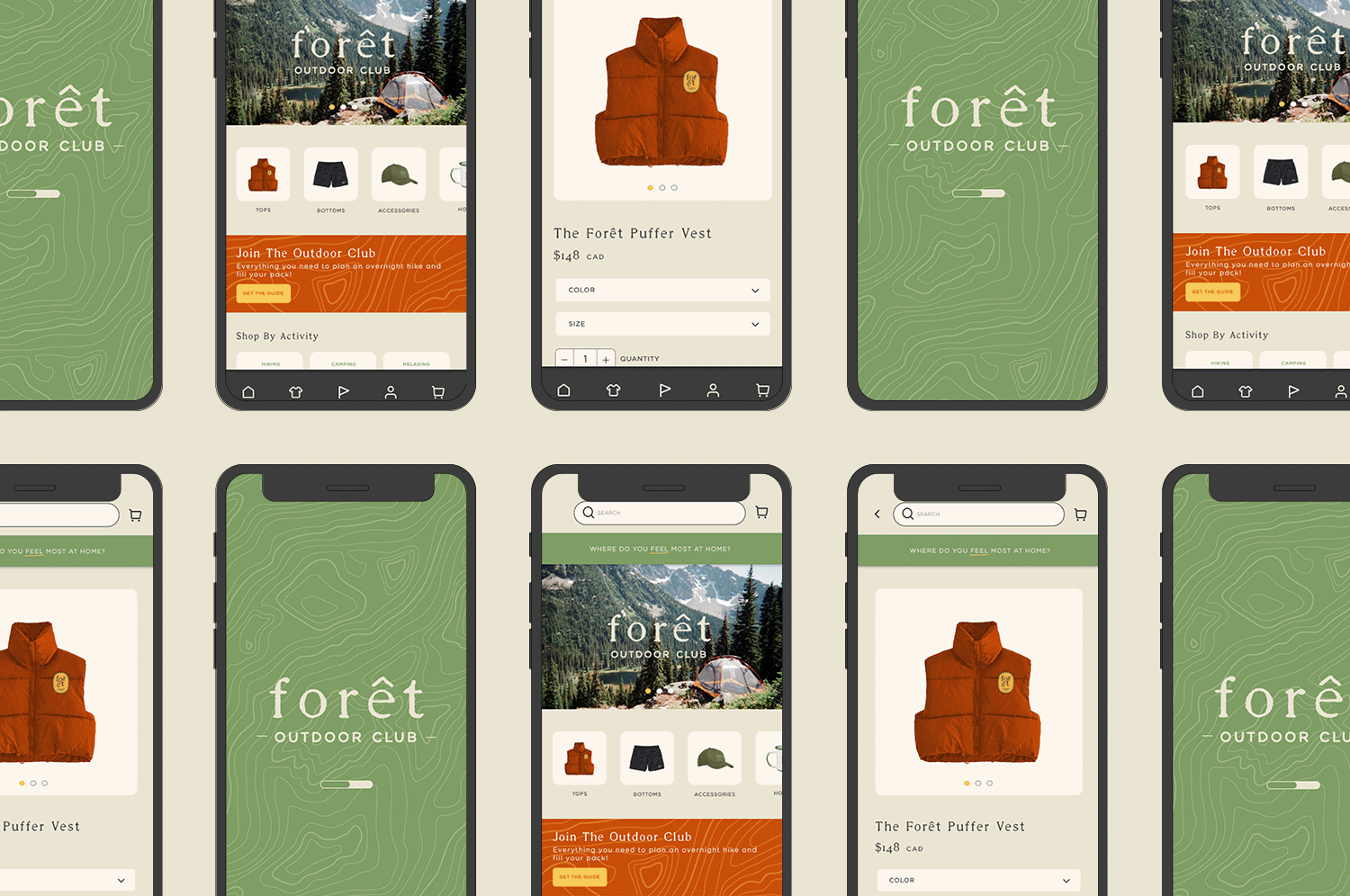 A digital mockup displaying multiple phone screens showing the forêt app.