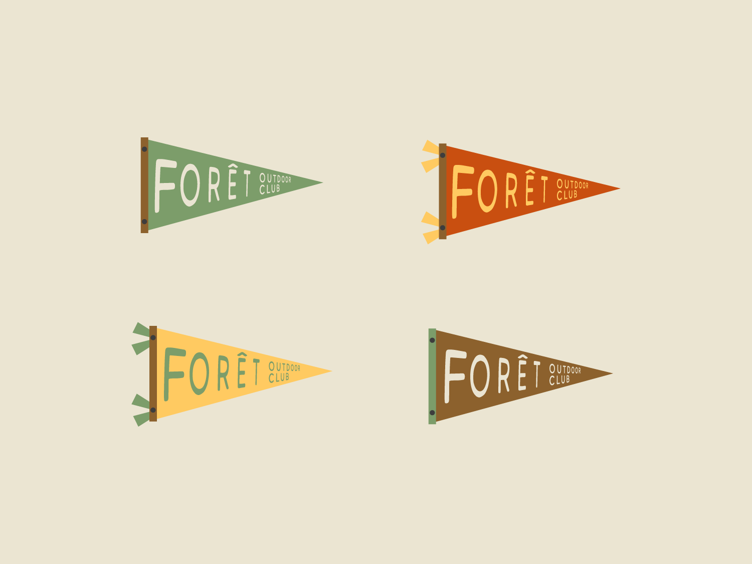 A mockup of camp style flag illustrations that say forêt outdoor club.