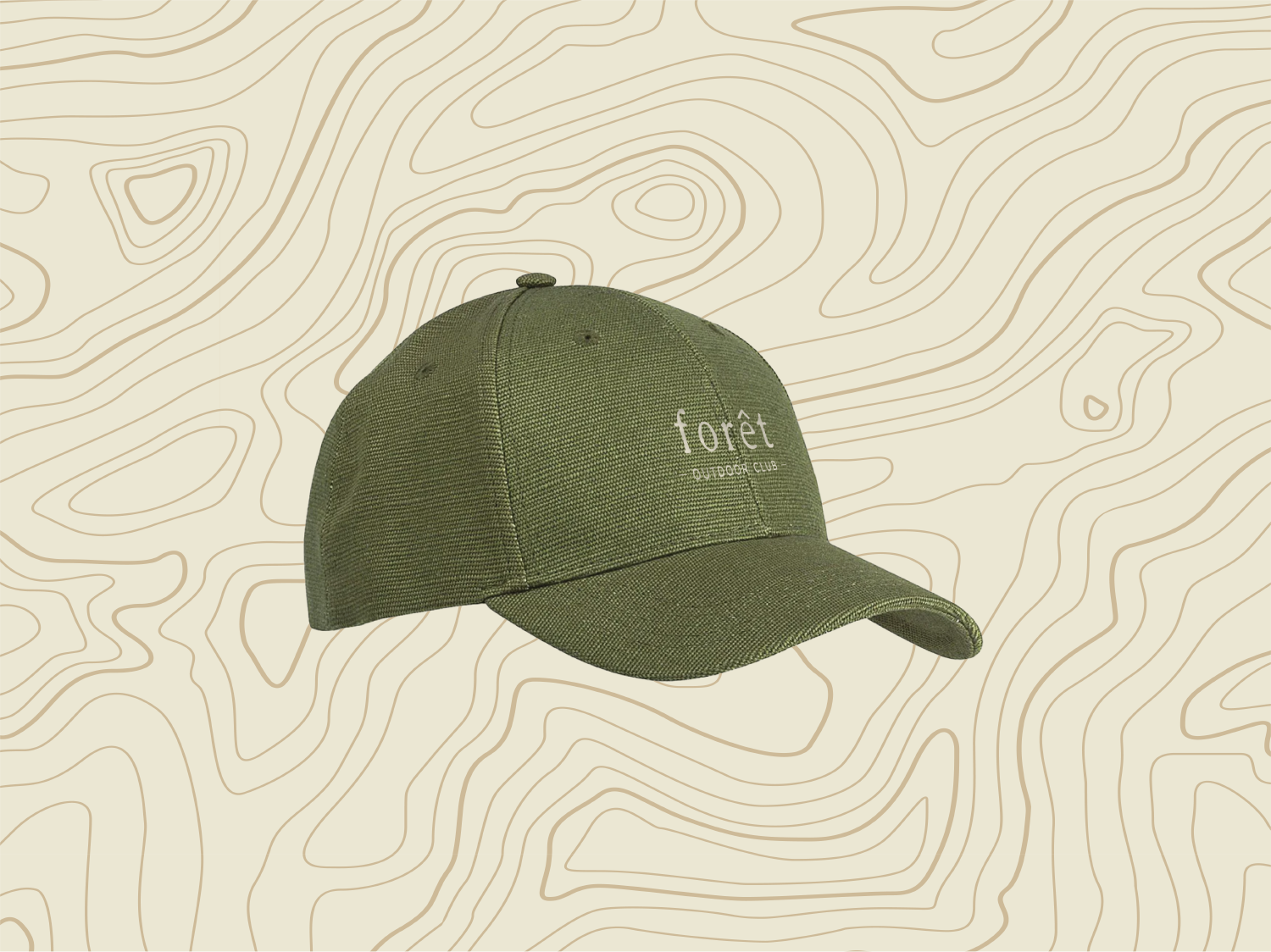 A mockup of a green baseball cap with the forêt logo on it.