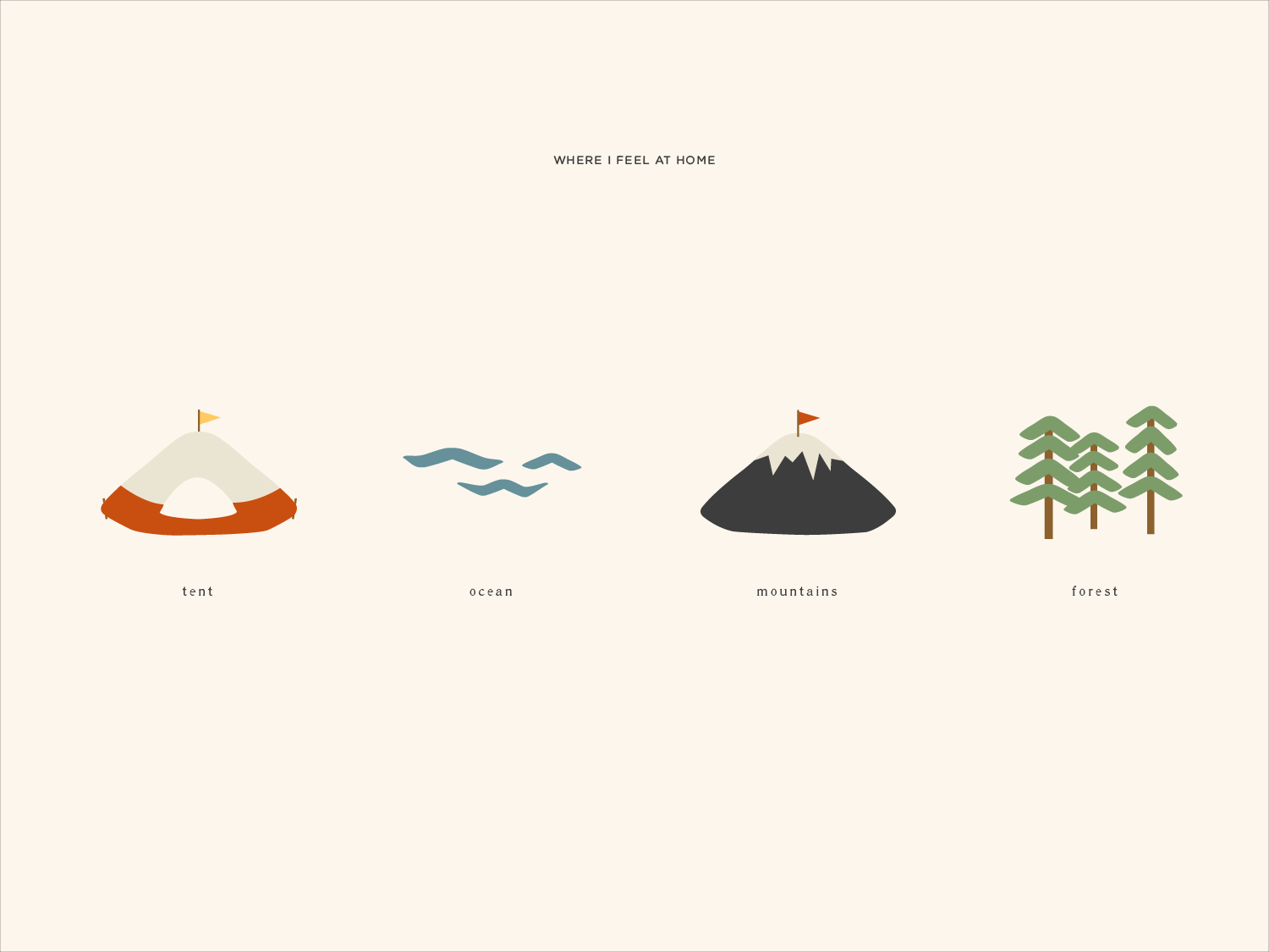 Four illustrations created highlighting different outdoor areas including a tent, the ocean, the mountains and the forest.