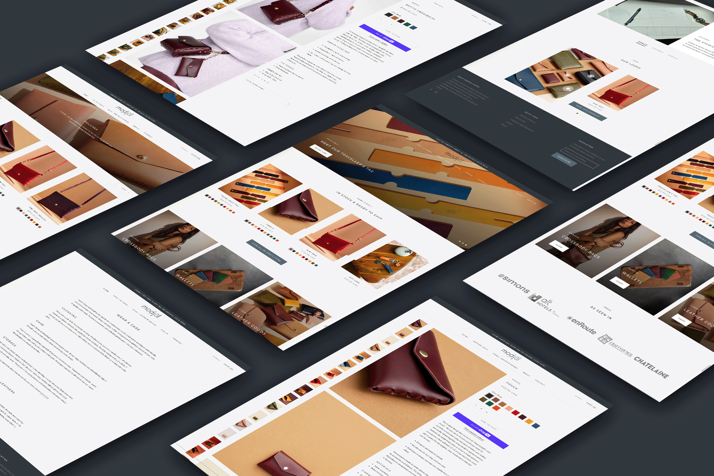 A number of mockups displaying different pages on the modjūl website.