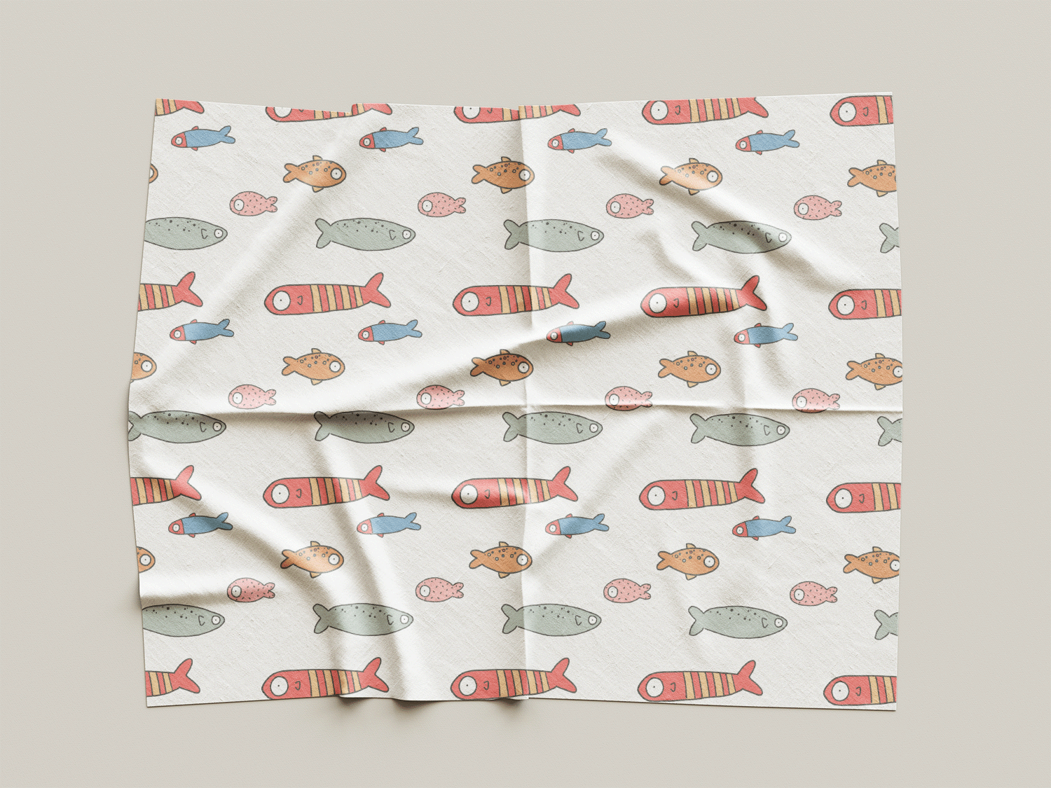 A digital fabric swatch of the Fishies illustration, created for Wooly Tops.