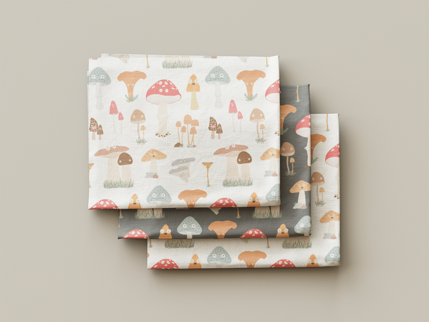 A mockup of the Fungi Friends mushroom fabrics illustrated for Wooly Tops.