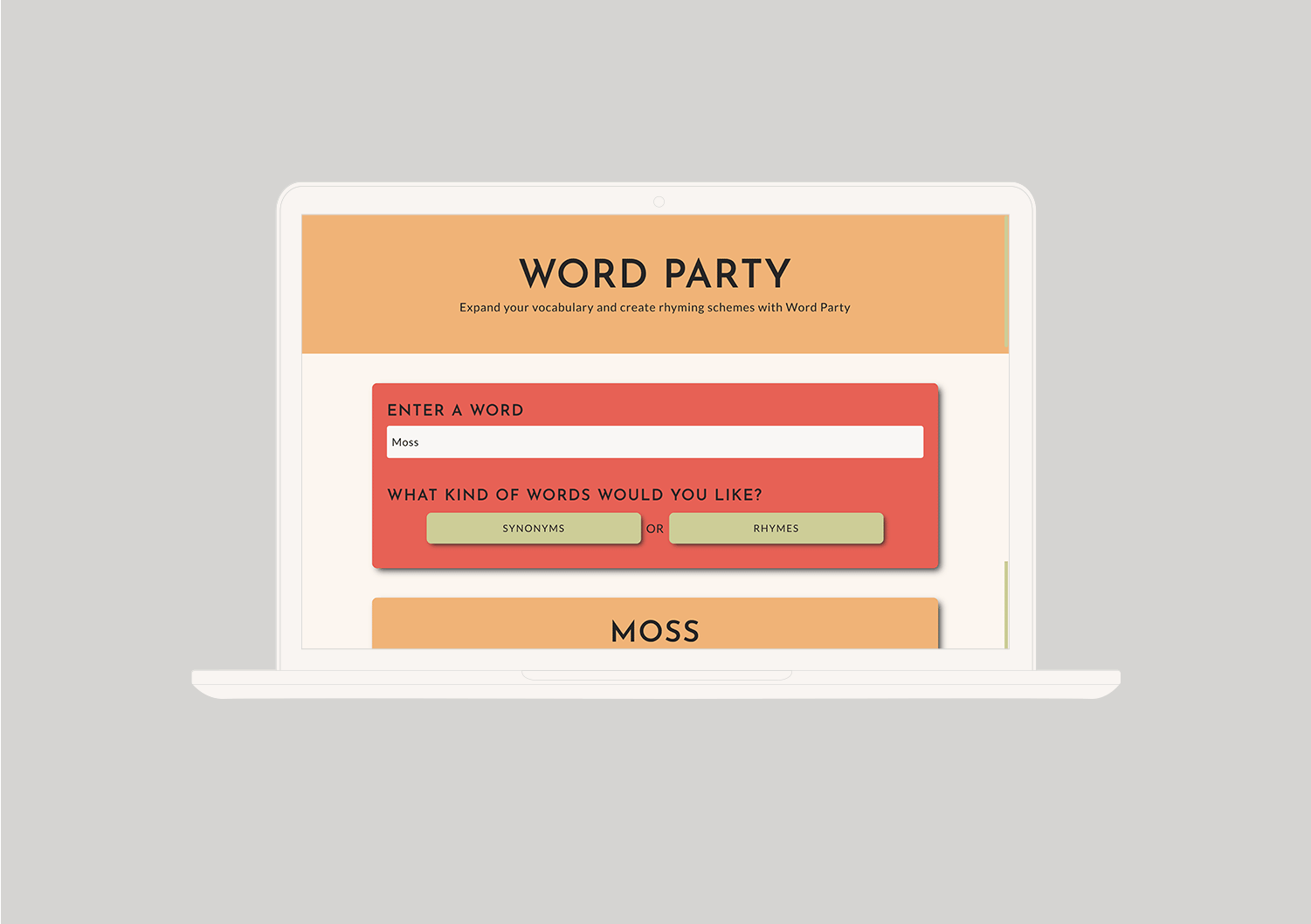 A digital mockup displaying the web application Word Party on a laptop screen.