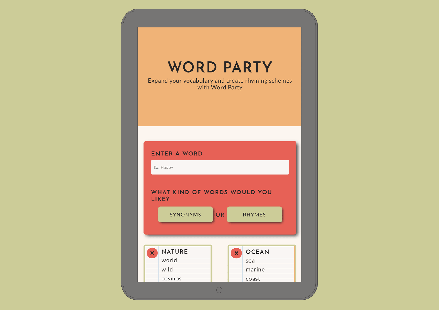 A mockup displaying the Word Party application on a tablet showcasing that the app is responsive.