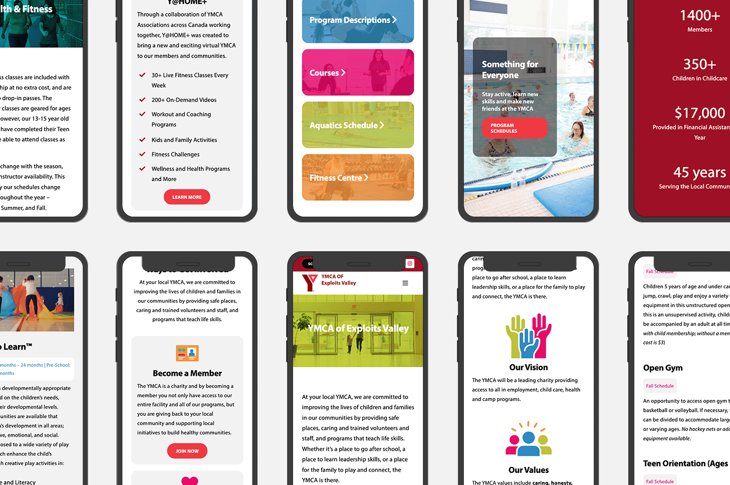 A collection of mockups showcasing the YMCA of Exploits Valley website on a mobile device.