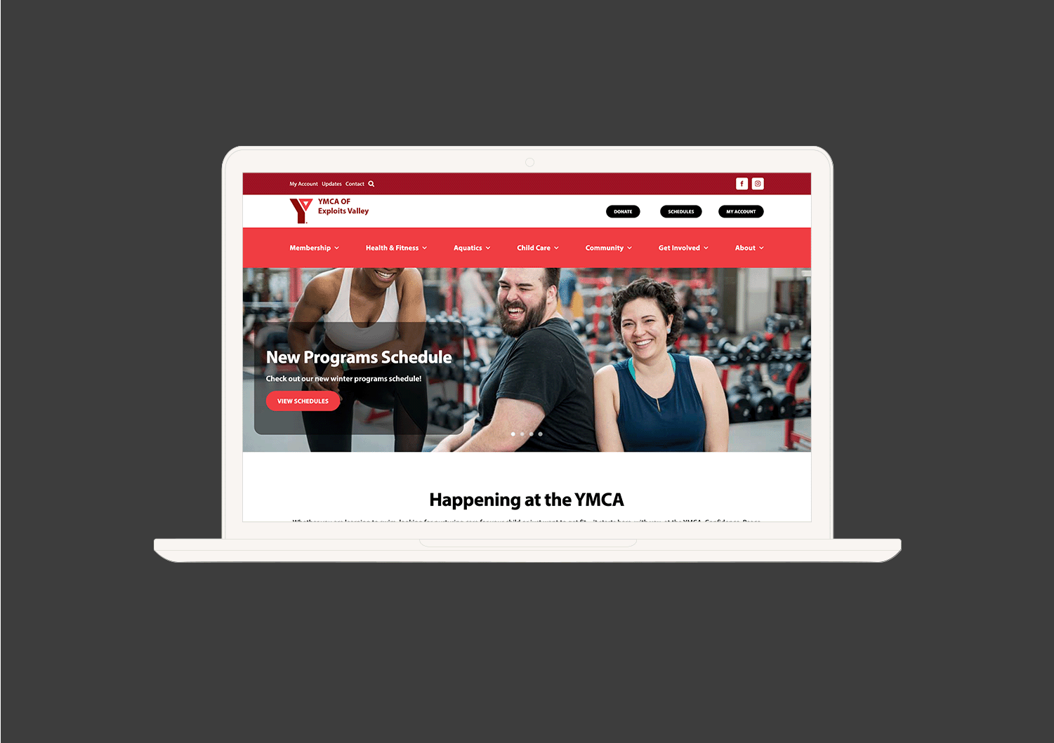 A digital mockup displaying the YMCA of Exploits Valley website.