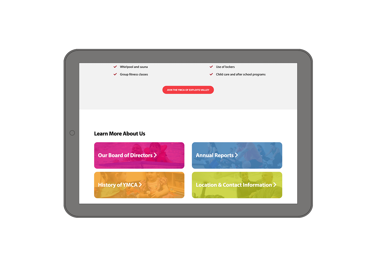 A mockup of the YMCA of Exploits Valley website on a tablet device.